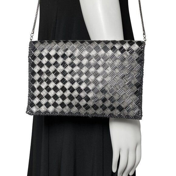 Vintage Gunmetal Beaded La Regal Evening Bag Clutch Shoulder Chain Silver Deco - Picture 3 of 15